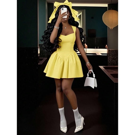 Light Yellow Sweetheart Neck Ruffle Hem A-Line Mini Dress For Adult Women