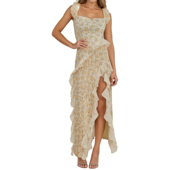 Light Yellow Wedding Guest Dress Women's Sexy Slit Maxi Dress Party Evening Gown Floral Print Spaghetti Strap Ruffle Detail Elegant Formal Long Dress for Spring Summer S Polyester