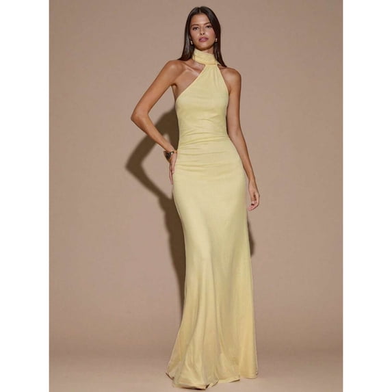 Light Yellow Womens Asymmetric Ruched Halter Backless Maxi Dress For Party Cocktail Formal Occasion