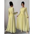 thumbnail image 1 of Light Yellow Womens Elegant Chiffon Ruched Round Neck Long Sleeve Maxi Dress For Summer Picnic Holiday, 1 of 7