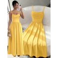 thumbnail image 1 of Light Yellow Womens Elegant Spaghetti Strap Ruched Waist Flowing Maxi Dress For Wedding Guest Or Formal Occasion, 1 of 7