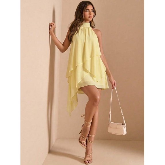 Light Yellow Womens Flowy Halter Neck Asymmetrical Mini Dress For Summer Party Beach Holiday