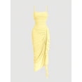 thumbnail image 1 of Light Yellow Womens Ruched Bodycon Midi Dress With Spaghetti Straps And Asymmetrical Ruffle Hem, 1 of 4