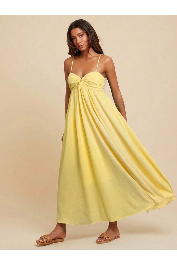 Light Yellow Womens Sleeveless Maxi Dress With Ruched Bust, Boho Vacation Style