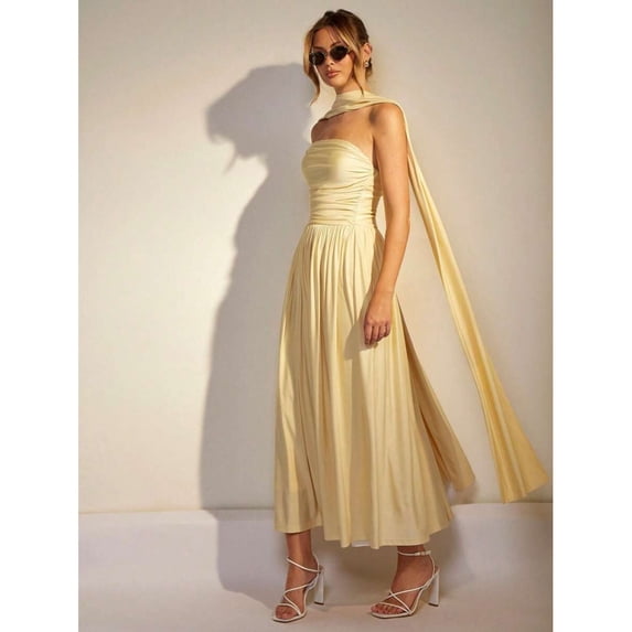 Light Yellow Womens Strapless Ruched Maxi Dress With Flowing Cape Detail