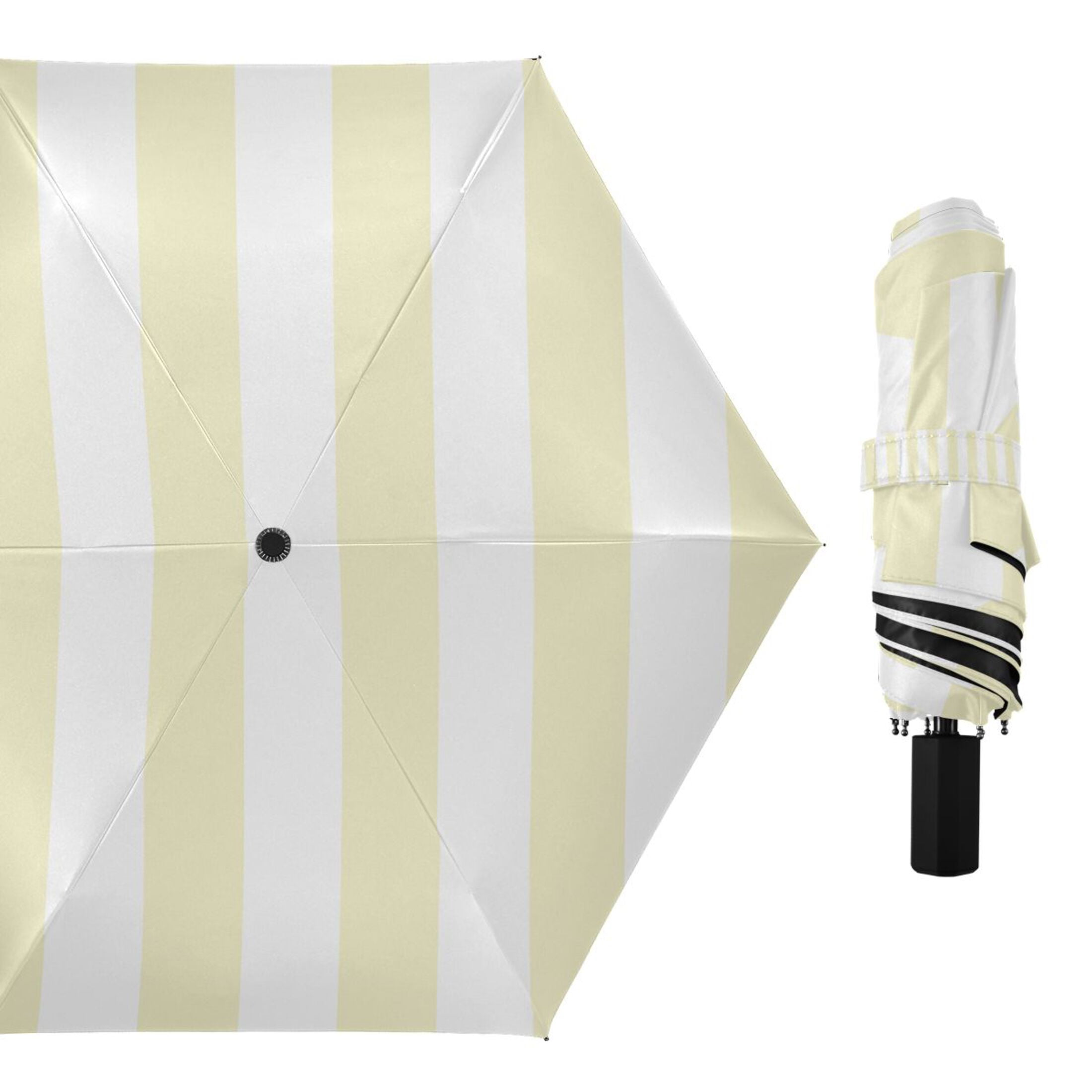 Light Yellow and White Stripes Compact Sun Umbrella Windproof Travel Umbrellas for Rain Strong Portable UV Protection