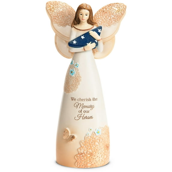 Light Your Way Memorial - "We cherish the Memory of our Heroes" Floral Butterfly Angel Figurine Holding American Flag 7.5"