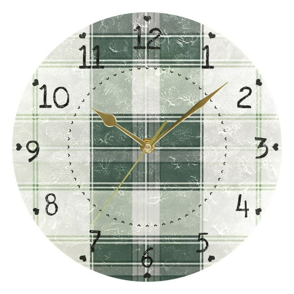Light and Dark Green Plaids Round Wall Clock Silent Analog Battery Operated Gold Pointer Home Decor 9.84" Diameter