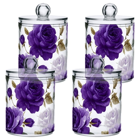 Light and Dark Purple Roses Green Leaves Translucent Plastic Cans Storage Canisters with Lid Set of 4