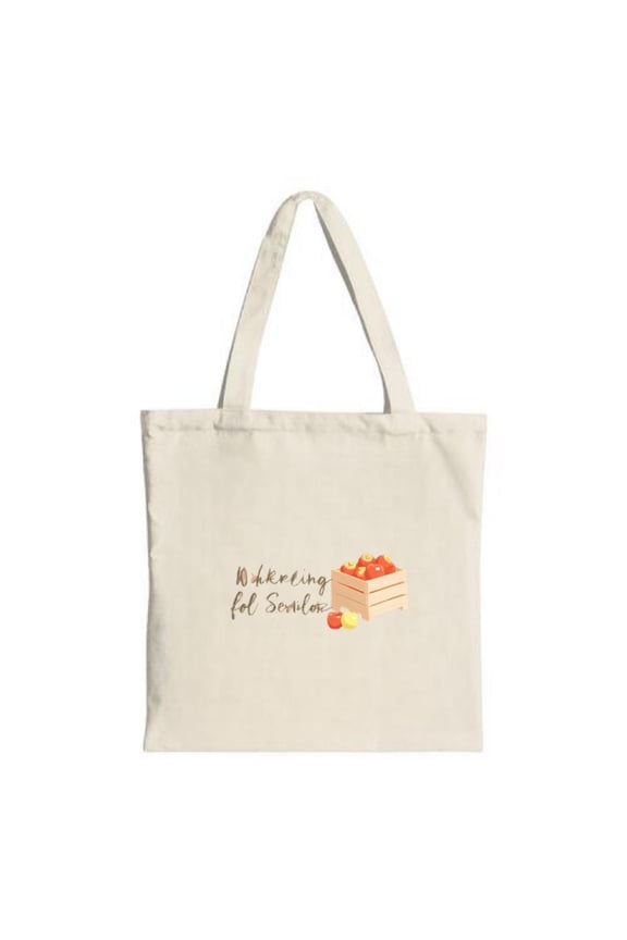 Light beige canvas tote bag with a charming wooden box illustration filled with a small orange perfect for shopping and travel