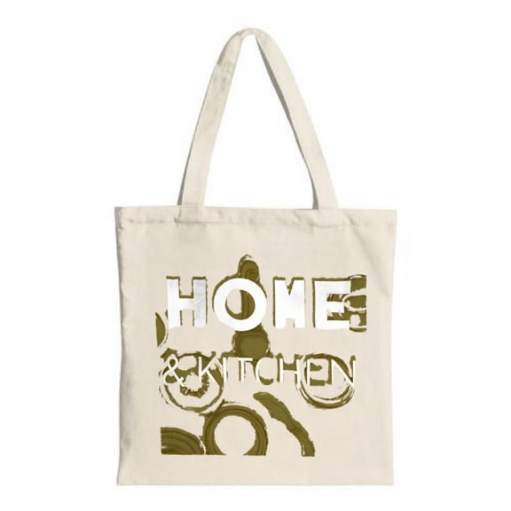 Light beige tote bag with bold " HOME " and " KITCHEN " text featuring green kitchen utensil designs Perfect for shopping and travel