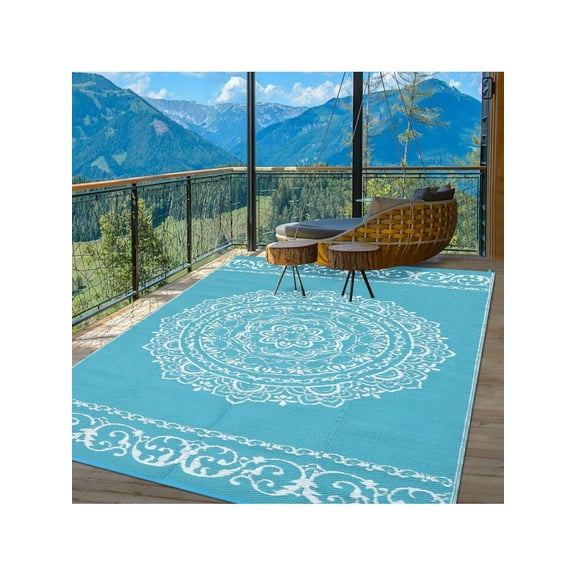Light blue-9*18 feet Outdoor Camping Portable Area Rug Patios Plastic Straw Rug With Durable Edge Waterproof Reversible Mats Large Floor Mat For RV Trip Backyard Deck Picnic Beach Trailer Balcony