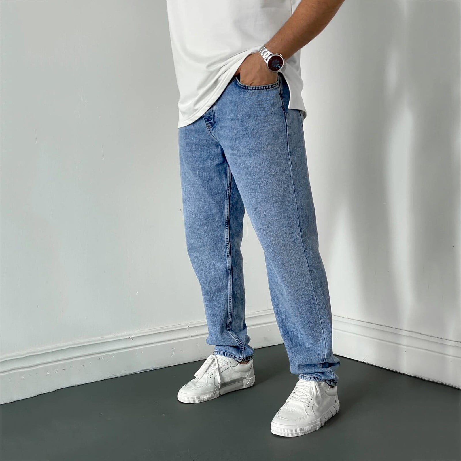 Light blue Men's Fashion Casual Solid Denim Straight Pants Zipper Fly  Pocket Jeans Trousers 