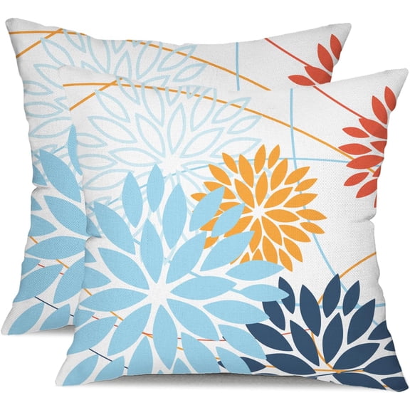 Light blue and Orange Floral Pillow Covers 16x16 Set of 2 Outdoor Waterproof Decorative Throw Pillows Summer Pillow covers Polyester Cushion Case Decor for Couch Patio Funiture Garden Porch 011D16