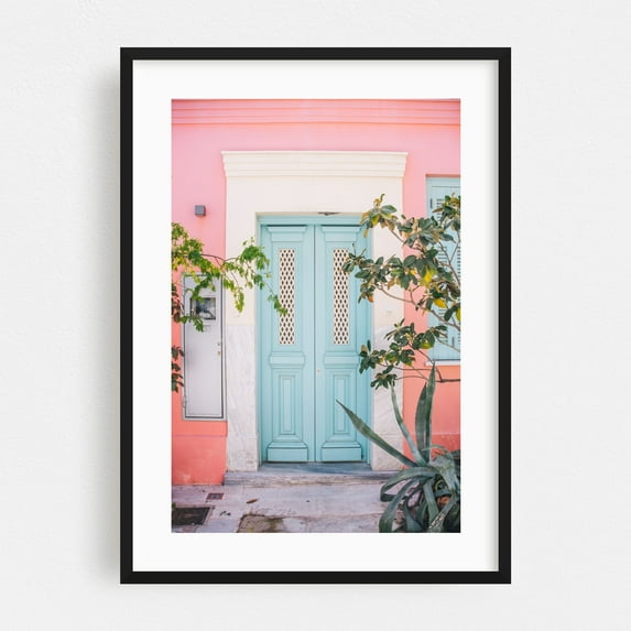 Light blue door in Plaka, Athens, pastel pink wall with tropical plants - Photography Architecture Pastel Mediterranean Botanical Tropical Black Framed Wall Art Print 5 x 7 inches