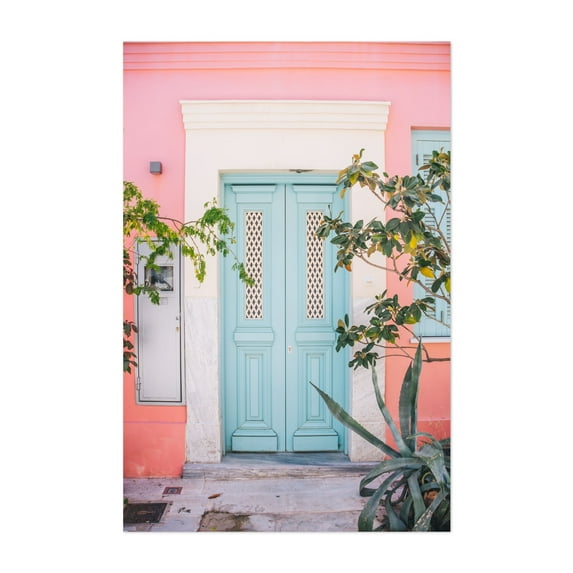 Light blue door in Plaka, Athens, pastel pink wall with tropical plants - Photography Architecture Pastel Mediterranean Botanical Tropical Unframed Wall Art Print 20 x 30 inches