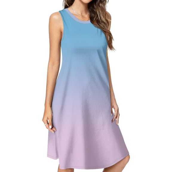 Light blue gradient Spring Summer Dresses for Women Fashion T-shirt Dress Casual Sleeveless Loose Sundress with Pockets
