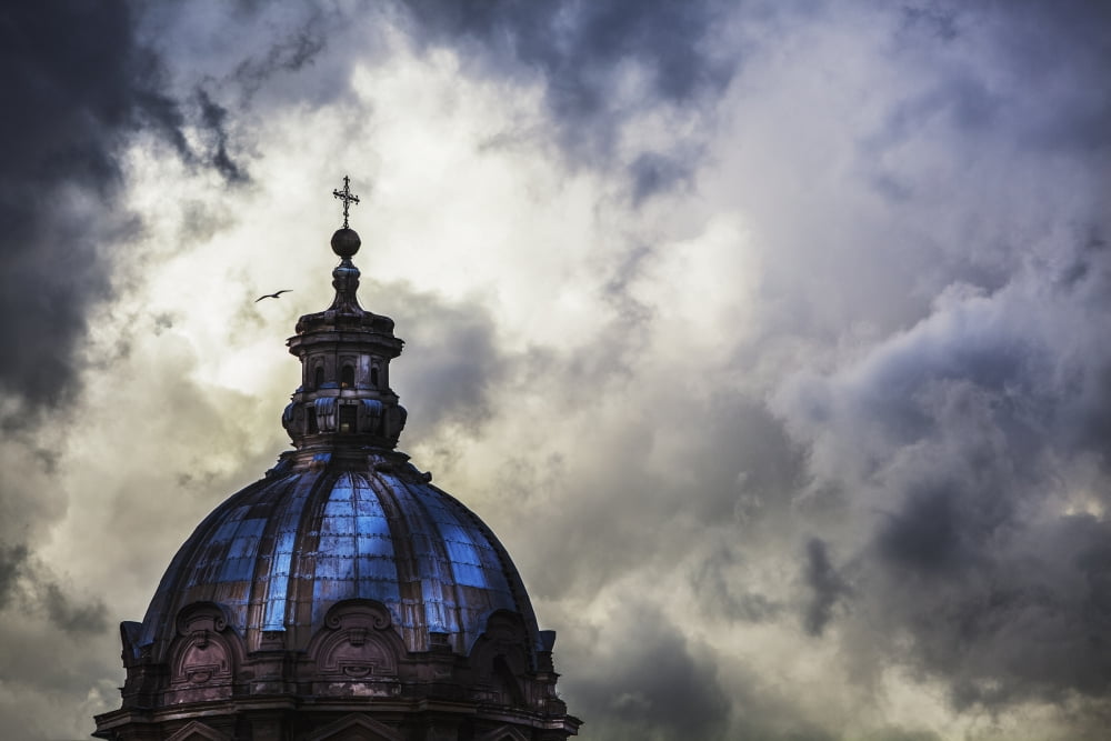 Light breaks through the turbulent clouds on the dome of the Santi Luca e Martina church Rome Italy Canvas Art - Reynold Mainse Design Pics (19 x 12)