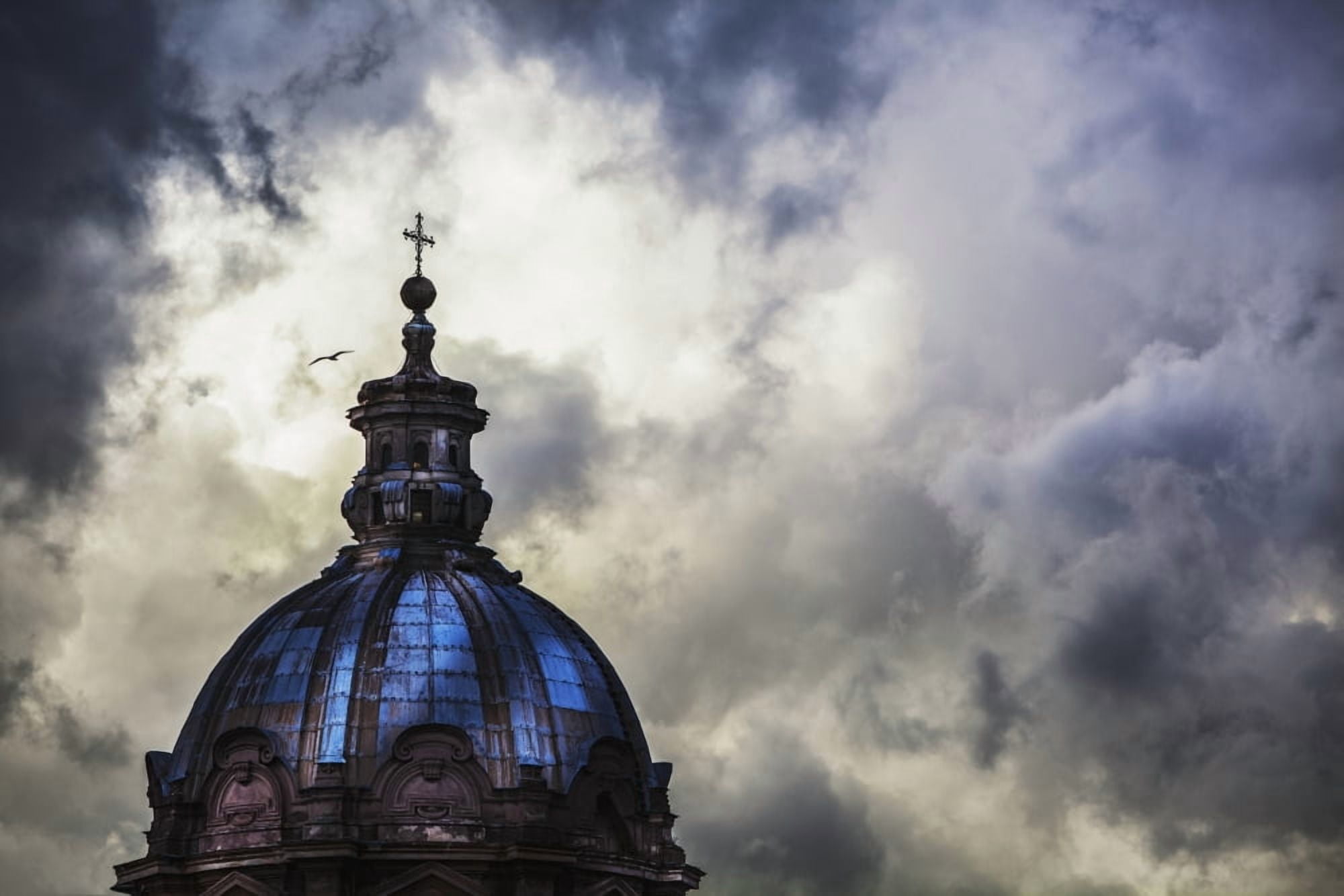 Light breaks through the turbulent clouds on the dome of the Santi Luca e Martina church Rome Italy Canvas Art - Reynold Mainse Design Pics (38 x 24)
