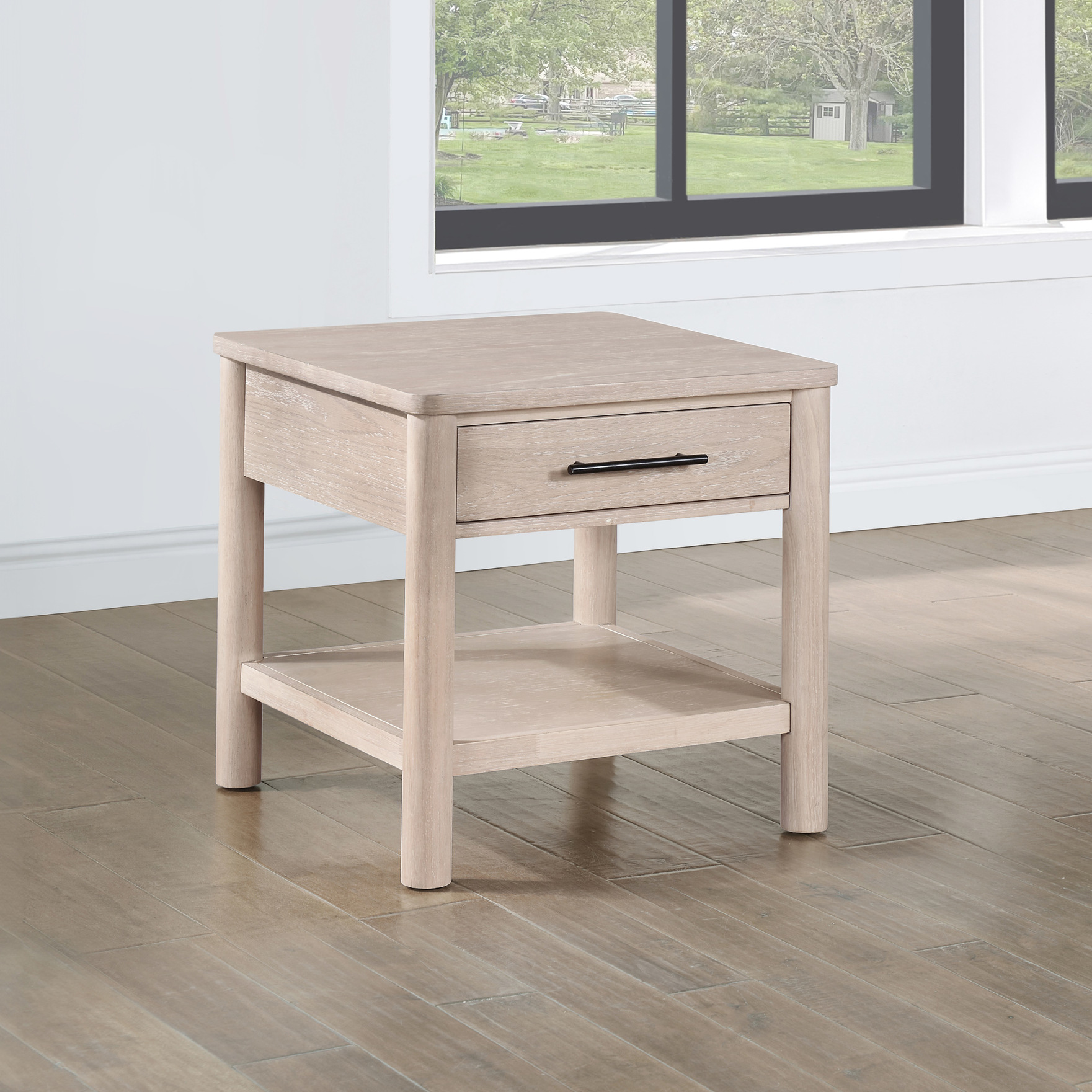 Light brown end table made of engineered wood and oak veneers for ...