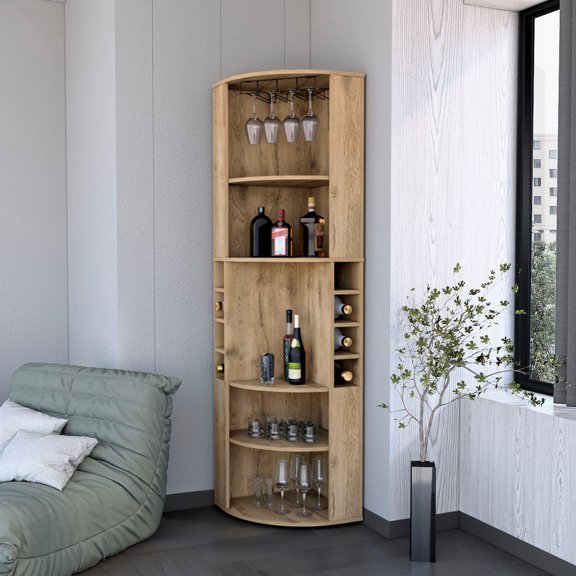 Light brown vertical bar cabinet with 13 shelves for living room utilizes corner space