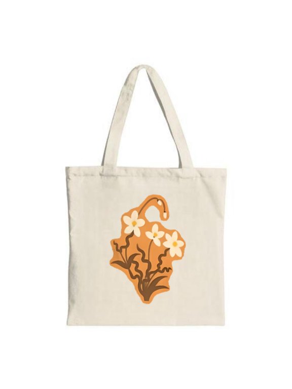 Light - colored canvas tote bag with a charming hanging flower design featuring three blooms and a curved stem perfect for shopping and travel