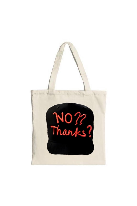 Light - colored tote bag with bold " NO? Thanks " design in red on a black background perfect for shopping travel and parties