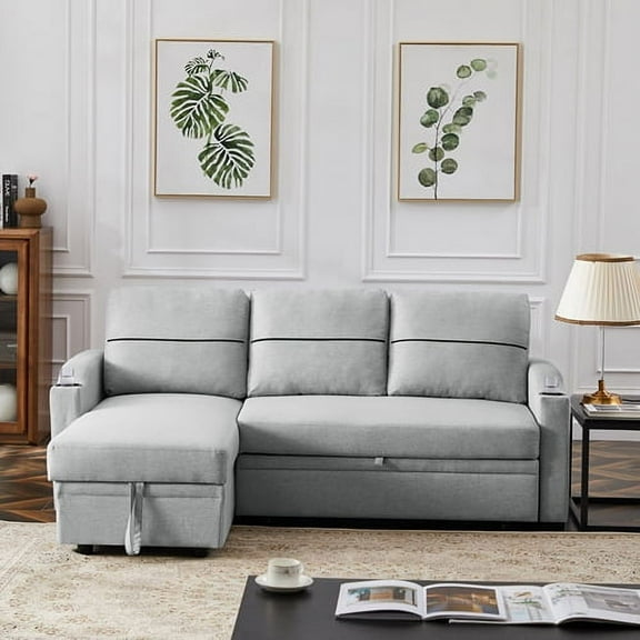 Light gray pull-out storage sofa