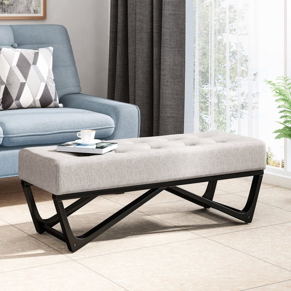 Light grey fabric ottoman with geometric legs - Present a unique and stylish appearance