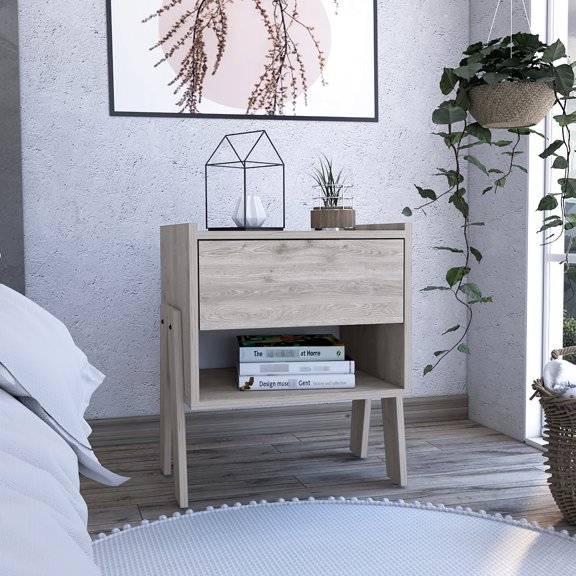 Light grey nightstand with ergonomic design / Ample space for books and accessories