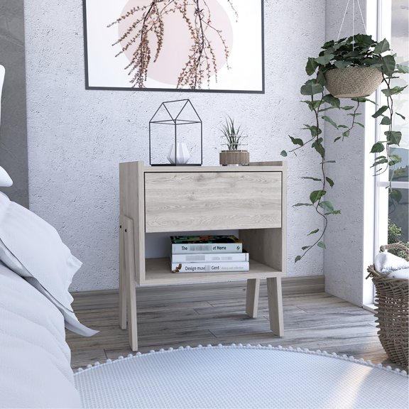 Light grey nightstand with ergonomic features / Provide practical storage in any room