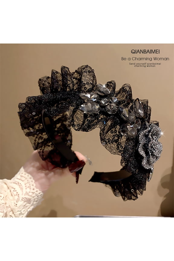 Light luxury Korean version high-end black headband with new large rhinestone flower headband, high skull top, wide edge hair tie and hairpin