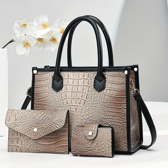 Light luxury high-end genuine leather crocodile pattern handbag, fashionable and trendy large-capacity middle-aged mother bag, single-shoulder bag, three-piece set, letter bag