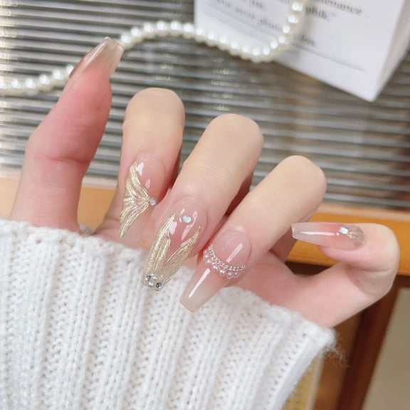 Light luxury pure handmade wearing nail advanced sense golden human fish tail nail patch finished product wholesale fake nail removable