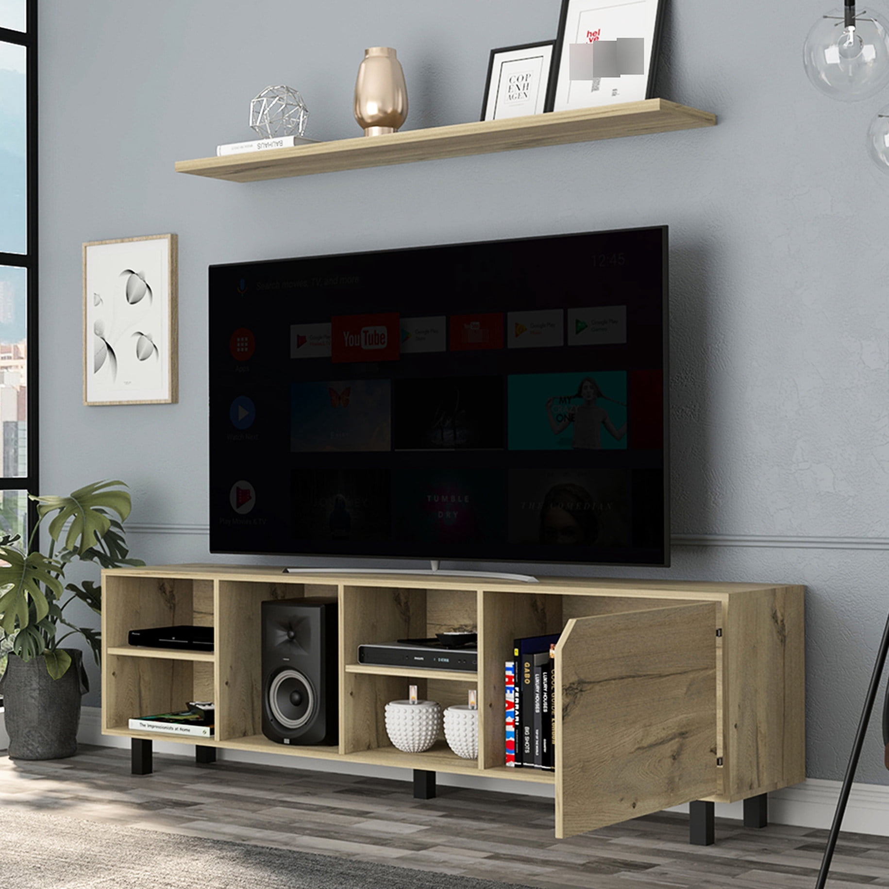 Light oak TV stand with four open shelves and five legs for 50 - 59 ...