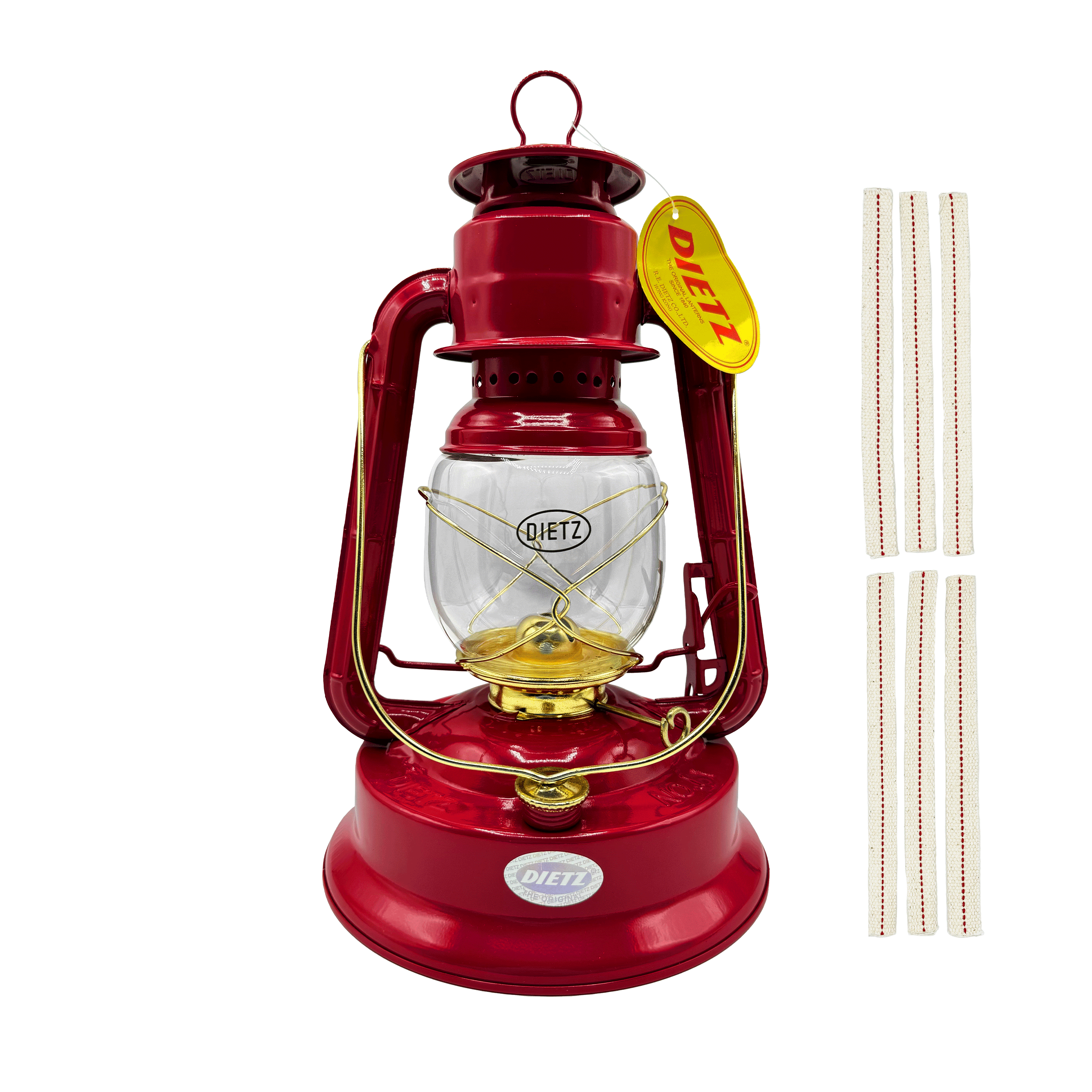 Light of Mine - Dietz #01 Little Wizard Red with Gold Trim Oil Lantern with 6-Pack of 100% Cotton Replacement 5/8" Wick Strips (#01, Red & Gold)