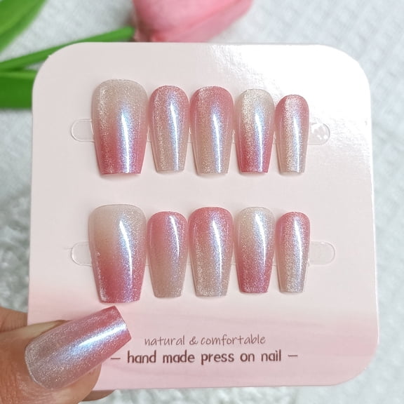 Light therapy handmade wearable nails spar cat's eye nail nail pieces 10 pieces of pink and white gradient cat's eye nail stickers