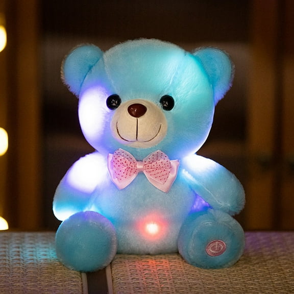 Light up Blue Teddy Bear LED Stuffed Animal Soft Nightlight Glow Bear Plush Toy Gifts for Kids Mom Girls Birthday Christmas, 8"
