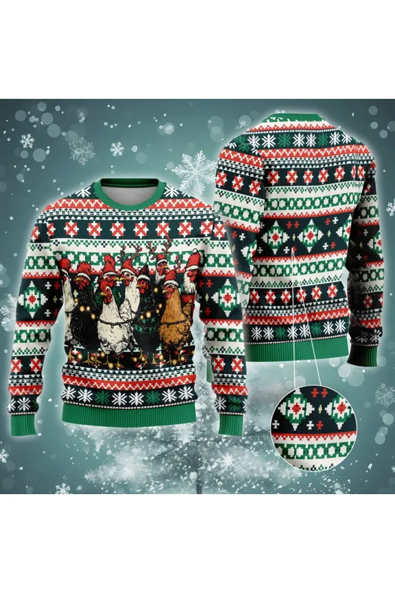 Light-up Chickens Print Christmas Sweater For Men Women, Merry Christmas All Over Printed Sweaters, Holiday Crewneck Unisex Pullover Sweater
