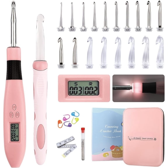 Light up Crochet Hook Set, 18in1 Lighted Crochet Hook with Counter, Crochet Gifts for Beginners, Hands(2.0-14.0mm)
