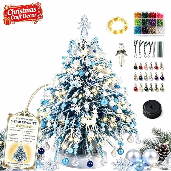 Light‑up DIY Beaded Christmas Tree Kit, Handmade Beads Craft Set, Mini Christmas Tree Ornament with String Light and Pearl, Holiday Home Office Party Desktop Decoration, Xmas Gift for Diy Lovers