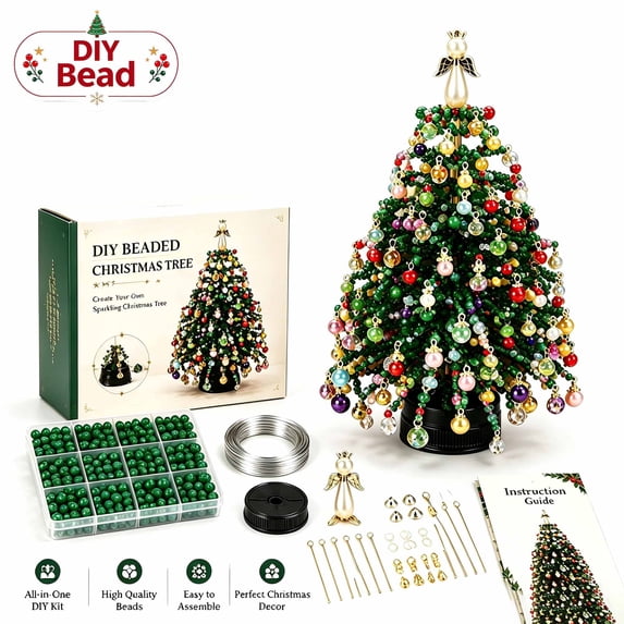 Light‑up DIY Beaded Christmas Tree Kit, Handmade Beads Craft Set, Mini Christmas Tree Ornament with String Light and Pearl, Holiday Home Office Party Desktop Decoration, Xmas Gift for Diy Lovers