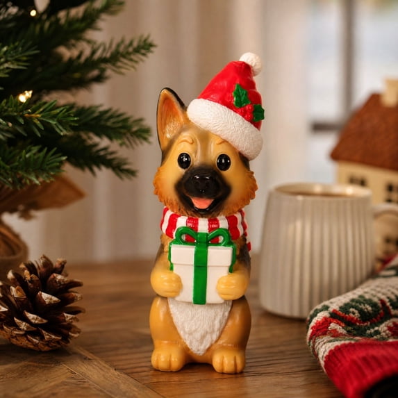 Light-up German Shepherd Blow Mold, Christmas Decoration, 8in Resin Dog Figurine with Santa Hat Scarf and Gift Box, Cute Christmas Dog Decor for Mantel Shelf Tabletop Covered Porch