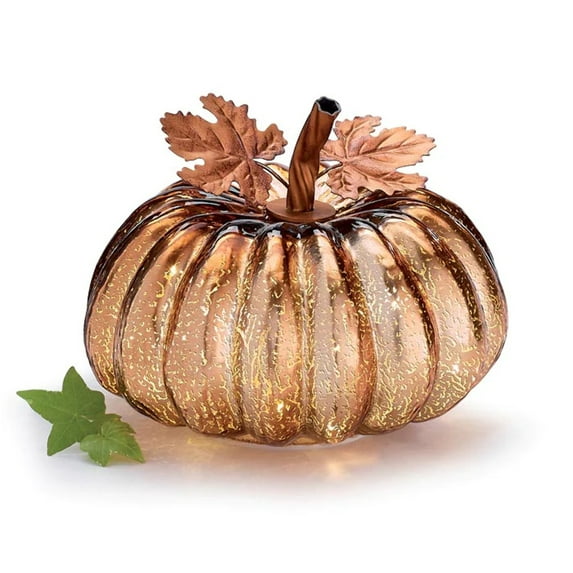 Burton & Burton Light-up Glass Pumpkin with Metal Leaves