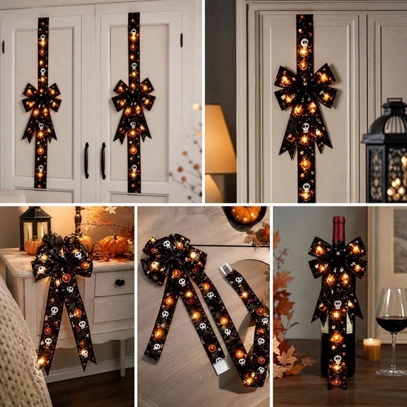 Light‑up Halloween Bow Decoration, Giant Orange Pumpkin Fringe Tassel Bow for Cabinet, Door, Tree Topper, Fall Home Kitchen Decor, Black
