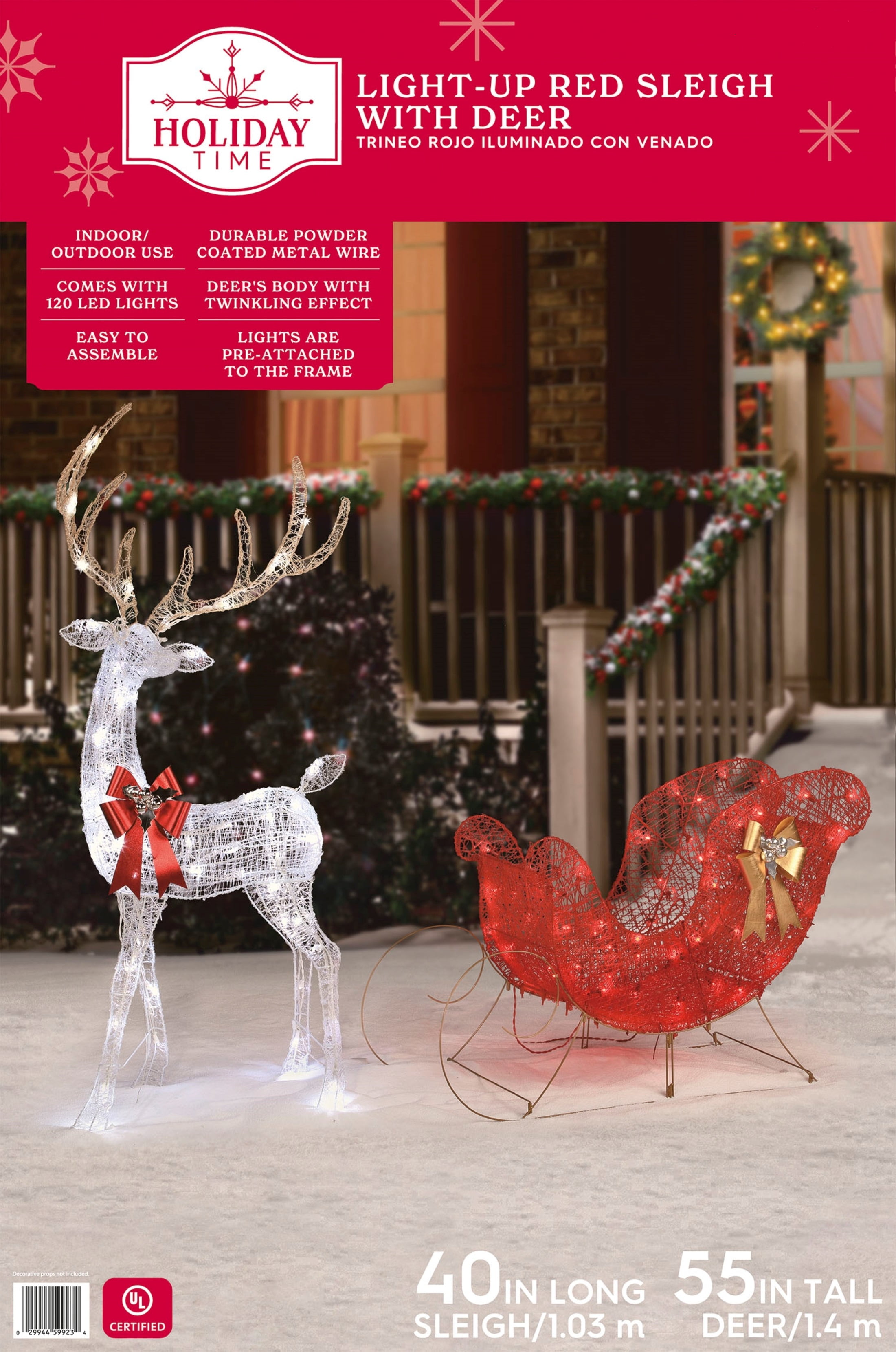 Lightup LED Red Sleigh with White Deer Christmas Decoration, by