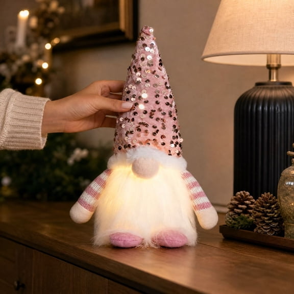 Light up Sequin Christmas Gnome Decor, Glowing Beard Faceless Swedish Tomte Gnomes, Battery Operated Gnome with Striped Arms 3 Aaa