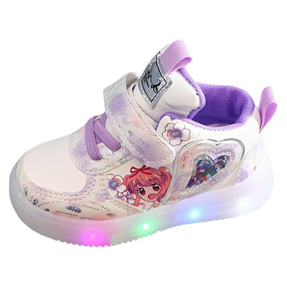 Light up Shoes for Girls Cute Cartoon Trendy Color Block Flat Sneakers Hook and Loop Lace up Casual Skate Shoes Purple 8.5 Toddler