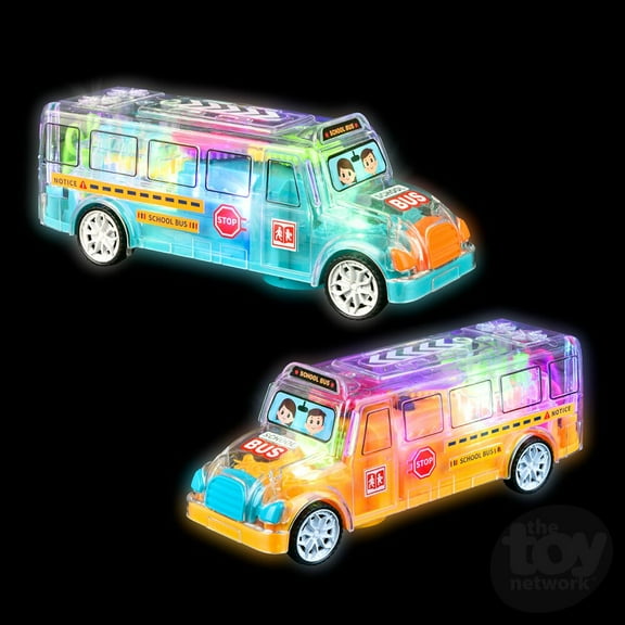 Light up Transparent School bus Toy Car for Kids - 1 Piece color may vary 8 Battery Operated Mechanical Colorful Race Car W Batteries included