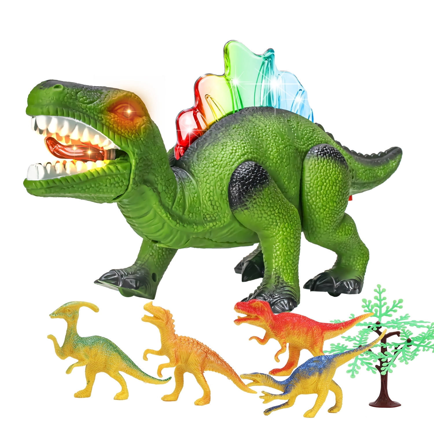 Light-up Walking Dinosaur Toy for Kids, 12 inches Electronic Dinosaur with Roaring Sound and Dinosaur Figures, Gift for Boys & Girls 3 4 5 6 7 Years - Green